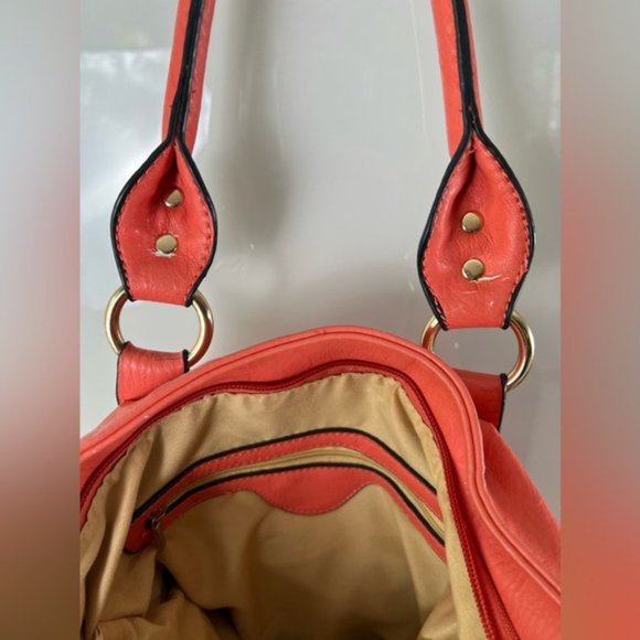 Coral Orange Vegan Leather Gold Studded Oversized Tote Bag With Adjustable Strap - Picture 9 of 16
